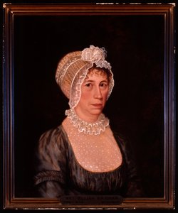 レースディテールのローカットドレスとレースボンネットを身に着けているサラワードブリガムの半身像 作： Ethan Allen Greenwood